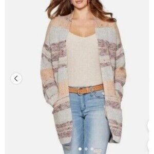 Knox Rose open front cardigan sweater POCKETS tan/beige/cream mid thigh SZ LG